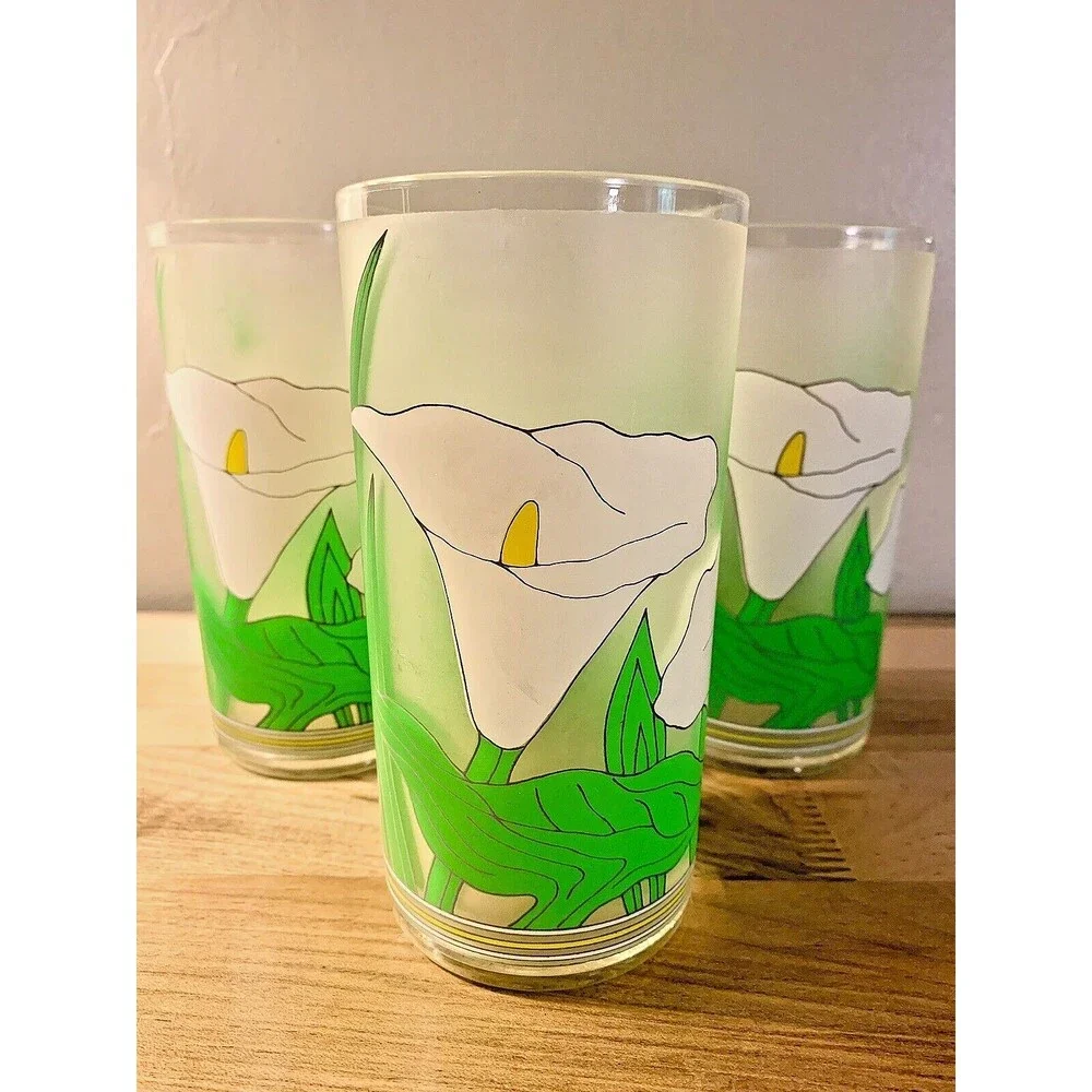 VTG Calla Lily Frosted Tumblers 4 Set 1980s Splash Ware Acrylic Cups 16 oz Retro